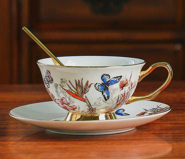 Ceramic Coffee Cups in Gift Box, Butterfly Pattern Porcelain Tea Cup and Saucer Set, British Traditional Afternoon Tea Cup and Saucer Set-LargePaintingArt.com
