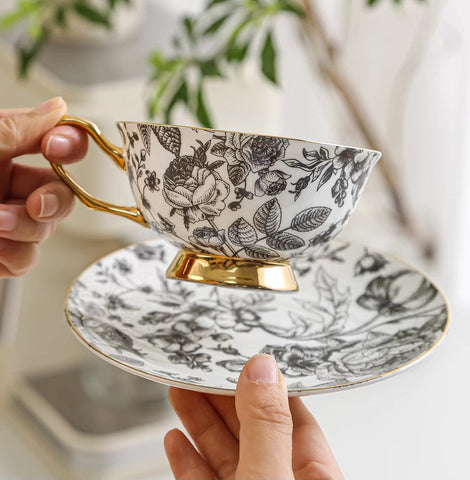 Elegant Flower Ceramic Cups, Unique Royal Coffee Cup and Saucer, Creative Bone China Porcelain Tea Cup Set, Beautiful British Tea Cups-LargePaintingArt.com