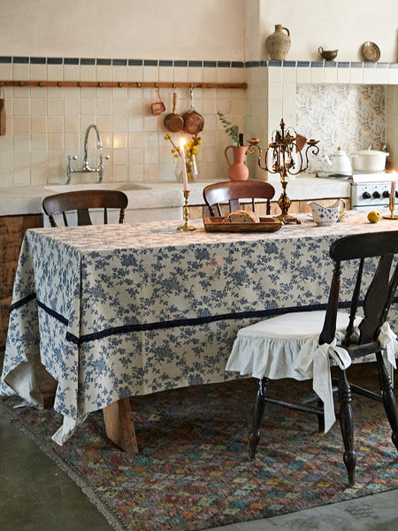 Extra Large Vintage Rectangle Tablecloth for Dining Room Table, Rustic Farmhouse Table Cover for Kitchen, French Flower Pattern Tablecloth for Round Table-LargePaintingArt.com