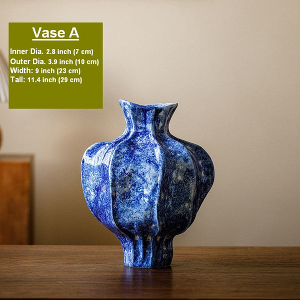 Modern Pottery Flower Vases, Handmade Water Holding Flower Vases, Centerpiece on Dining Table, Blue Ceramic Bud Vases, Tall Flower Vases on Table-LargePaintingArt.com