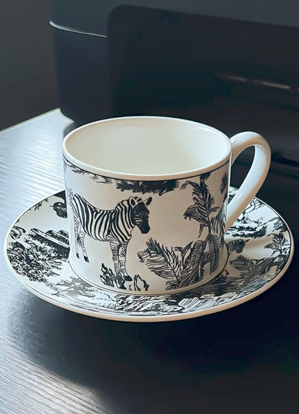 Royal Ceramic Cups, Elegant Ceramic Coffee Cups, 6.8 oz Tea Cup and Saucer in Gift Box, Zebra Jungle Porcelain Tea Cup Saucer Set-LargePaintingArt.com