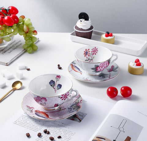 Unique Porcelain Cup and Saucer, Beautiful British Flower Tea Cups, Elegant Ceramic Coffee Cups, Creative Bone China Porcelain Tea Cup Set-LargePaintingArt.com