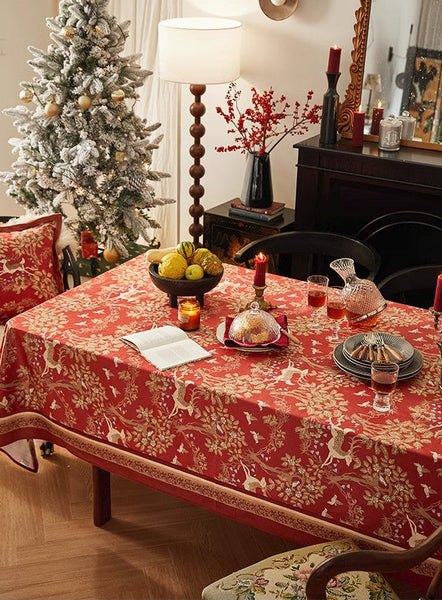 Forest Deer Red Table Covers, Square Tablecloth for Kitchen, Long Modern Rectangular Tablecloth for Dining Room Table, Extra Large Tablecloth for Round Table-LargePaintingArt.com