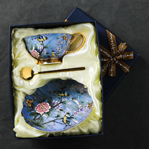 Unique British Tea Cup and Saucer in Gift Box, Blue Bird and Butterfly Bone China Porcelain Tea Cup Set, Elegant British Ceramic Coffee Cups-LargePaintingArt.com