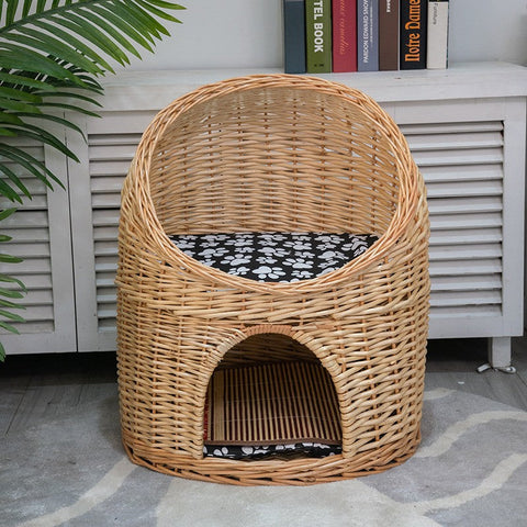 Large Cat House Basket with Washable Cushion for Indoor Cats and Dogs, Double-Layer Cat Bed-LargePaintingArt.com
