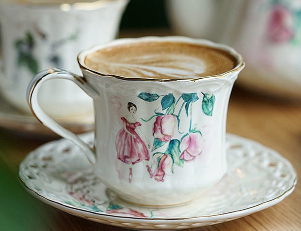 Elegant British Tea Cups, Beautiful Porcelain Tea Cup Sucer Set, Traditional English Tea Cups and Saucers, Unique Ceramic Coffee Cups-LargePaintingArt.com