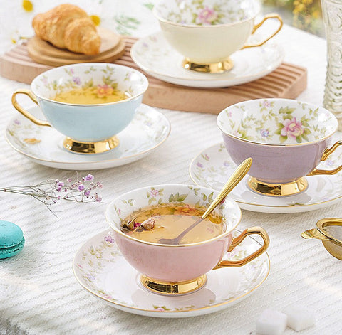 Elegant Ceramic Coffee Cups, Beautiful British Tea Cups, Unique Afternoon Tea Cups and Saucers in Gift Box, Royal Bone China Porcelain Tea Cup Set-LargePaintingArt.com