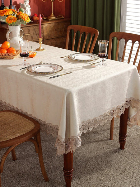 Large Simple Table Cloth for Dining Room Table, Beige Lace Tablecloth for Home Decoration, Modern Rectangle Tablecloth, Square Tablecloth for Round Table-LargePaintingArt.com