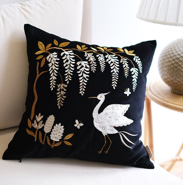 Decorative Pillow Arrangement Ideas for Bed, Embroidered Egret Cushion, Vintage Decorative Pillows, Luxury Decorative Pillows for Couch, Modern Throw Pillows for Couch-LargePaintingArt.com