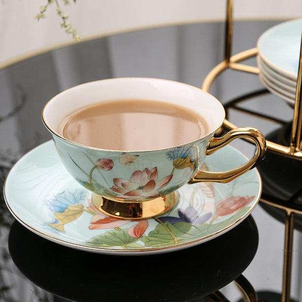 Unique British Tea Cup and Saucer in Gift Box, Lotus Flower Porcelain Tea Cup Saucer Set, Elegant British Ceramic Coffee Cups-LargePaintingArt.com