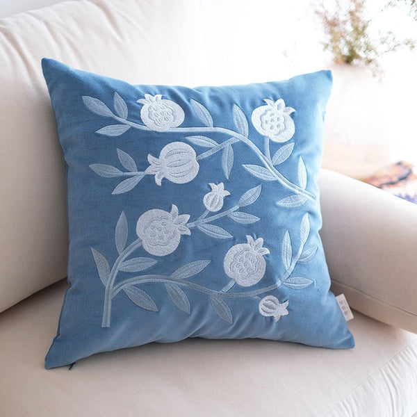 Living Room Decorative Pillows, Blue Embroidered Pomegranate Cushion, Large Decorative Pillows for Couch, Modern Throw Pillows for Bedroom, Decorative Pillow Arrangement Ideas for Couch-LargePaintingArt.com