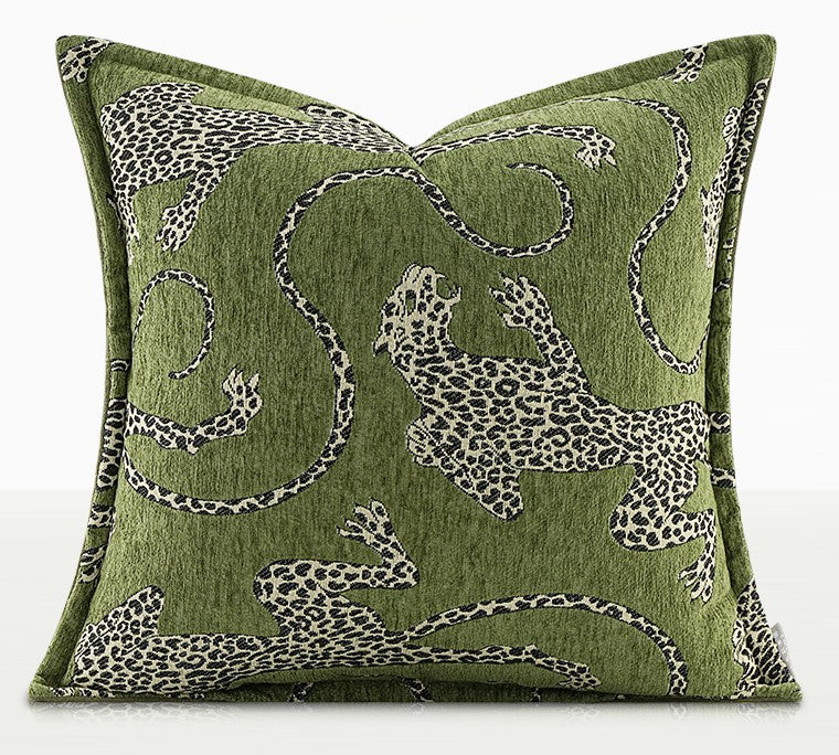 Green Decorative Pillow Covers, Large Modern Sofa Pillow Cases, Cheetah Modern Pillows for Couch, Abstract Decorative Throw Pillows for Living Room-LargePaintingArt.com