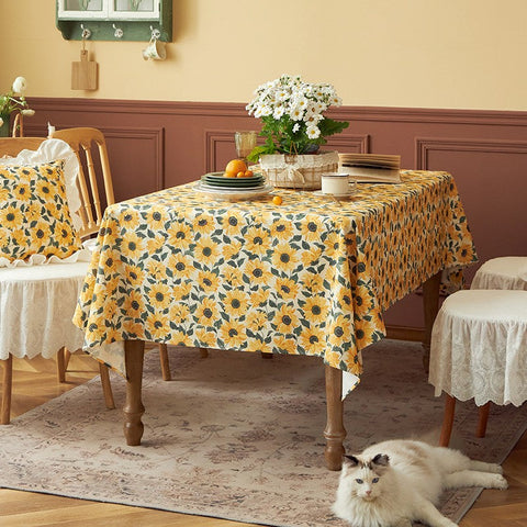 Modern Rectangle Tablecloth for Dining Room Table, Yellow Sunflower Pattern Farmhouse Table Cloth, Square Tablecloth for Round Table-LargePaintingArt.com