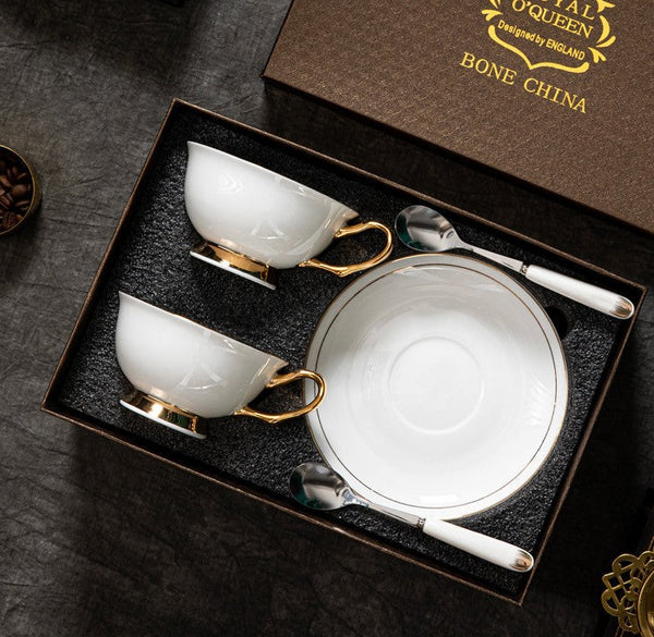 White Ceramic Cups, Elegant British Ceramic Coffee Cups, 7.8 oz Porcelain Tea Cup Saucer Set, Unique Tea Cup and Saucer in Gift Box-LargePaintingArt.com