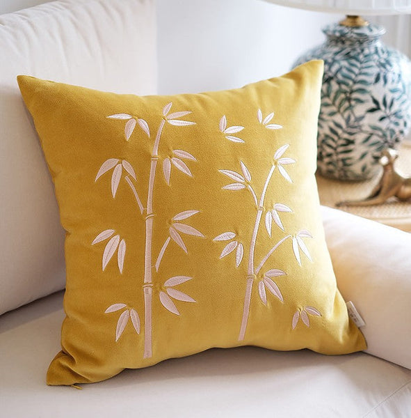 Decorative Pillow Arrangement Ideas for Couch, Large Decorative Pillows for Couch, Modern Throw Pillows for Bedroom, Living Room Decorative Pillows, Yellow Embroidered Bamboo Cushion-LargePaintingArt.com