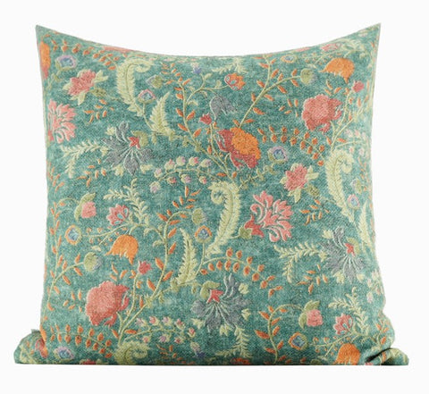 Garden Flowers Pattern Decorative Throw Pillows, Large Green Throw Pillow for Interior Design, Geomeric Contemporary Square Modern Throw Pillows for Couch-LargePaintingArt.com