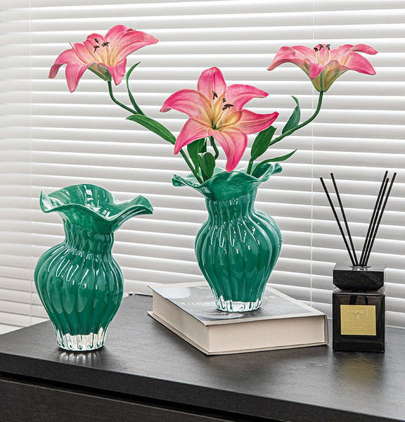 Contemporary Vases for Modern Home Decor, Unique Handmade Liuli Vases, Color Glaze Vase, Green Glass Bud Vases, Centerpiece Vases on Table-LargePaintingArt.com