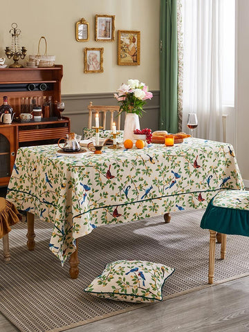 Bird Flower Pattern Farmhouse Table Cloth, Large Modern Rectangle Tablecloth for Dining Room Table, Square Tablecloth for Round Table-LargePaintingArt.com