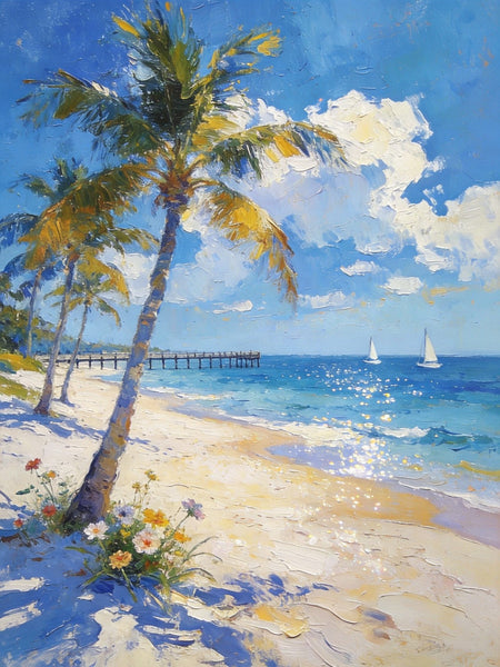 Small Oil Paintings, Sandy Beach Serenity, Palm Tree Beach Paintings, Canvas Paintings for Bedroom, Heavy Texture Artwork, Hand Painted Canvas Art, Original Landscape Paintings-LargePaintingArt.com