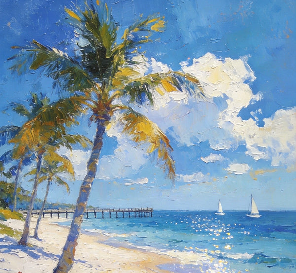 Small Oil Paintings, Sandy Beach Serenity, Palm Tree Beach Paintings, Canvas Paintings for Bedroom, Heavy Texture Artwork, Hand Painted Canvas Art, Original Landscape Paintings-LargePaintingArt.com