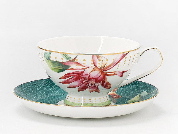 Lotus Flower Porcelain Tea Cup Saucer Set, Elegant Ceramic Coffee Cups, Beautiful British Tea Cups, Traditional English Tea Cup and Saucer-LargePaintingArt.com