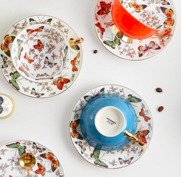 Unique Butterfly Coffee Cup and Saucer, Creative Butterfly Ceramic Coffee Cups, Beautiful British Tea Cups, Creative Porcelain Tea Cup Set-LargePaintingArt.com