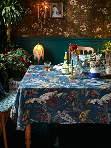 Large Modern Tablecloth Ideas for Dining Room Table, Tropical Rainforest Parrot Table Cover, Outdoor Picnic Tablecloth, Rectangular Tablecloth for Round Table-LargePaintingArt.com