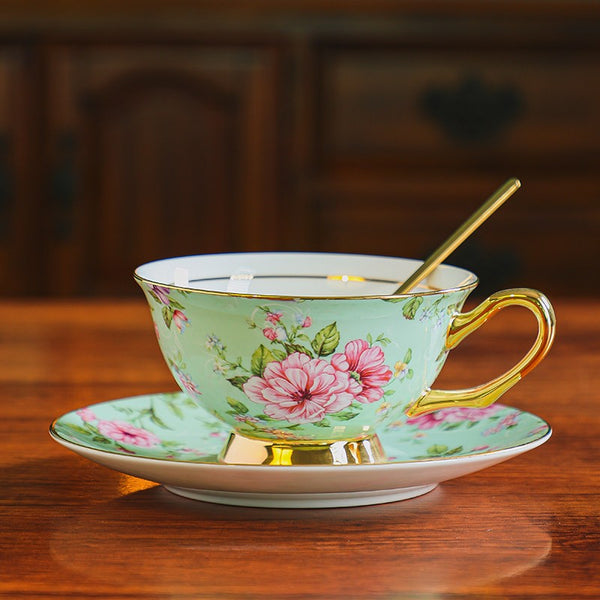 Floral Porcelain Tea Cup and Saucer Set, Afternoon British Tea Cup with Saucer, Traditional English Tea Cup and Saucer Set, Ceramic Coffee Cup with Saucer-LargePaintingArt.com