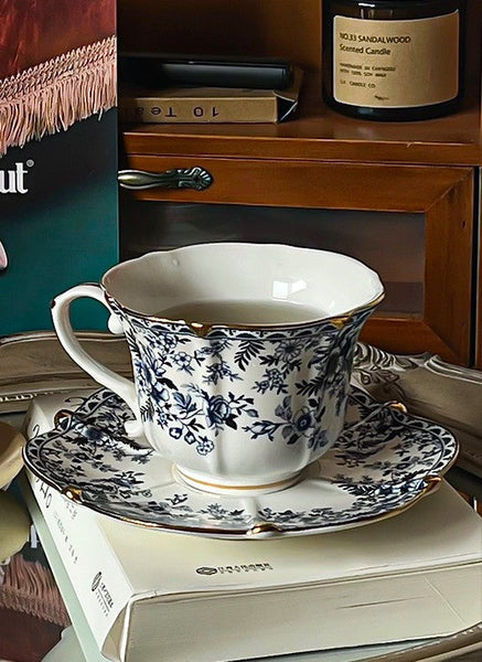 French Style China Porcelain Tea Cup Saucer Set, 7.8 oz Tea Cup and Saucers, Royal Ceramic Cups, Elegant Vintage Ceramic Coffee Cups for Traditional Afternoon Tea-LargePaintingArt.com