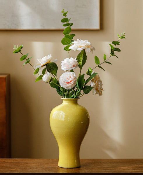 Porcelain Flower Vases, Handmade Water Holding Flower Vase, Yellow Flower Vases on Table, Ceramic Bud Vases-LargePaintingArt.com