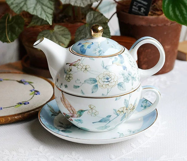 Stackable Teapot and Cup Set, Ceramic Tea Pot with Integrated Cup, Porcelain Teapot with Matching Cup and Saucer in Gift Box, Mother-and-Baby Teapot with Matching Saucer-LargePaintingArt.com