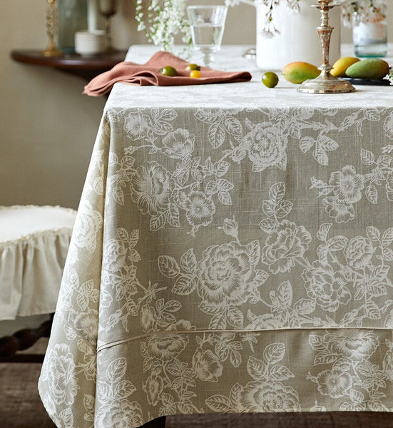 French Flower Pattern Tablecloth for Round Table, Vintage Rectangle Tablecloth for Dining Room Table, Rustic Farmhouse Table Cover for Kitchen-LargePaintingArt.com