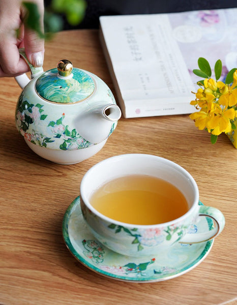 Vintage Style Stackable Tea Pot Set, English Style Tea Pot and Cup Set, Ceramic Tea Pot with Integrated Cup, Mother-and-Baby Teapot with Matching Saucer-LargePaintingArt.com