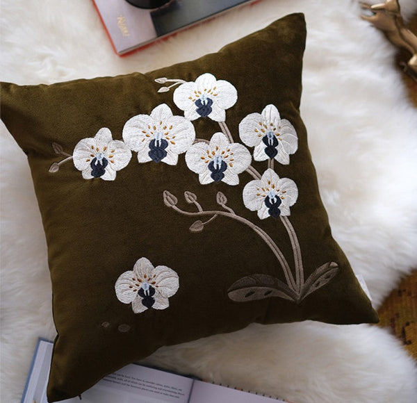 Large Decorative Pillows for Couch, Dark Olive Green Embroidered Moth Orchid Cushion, Decorative Pillow Arrangement Ideas for Couch, Living Room Decorative Pillows, Modern Throw Pillows for Bedroom-LargePaintingArt.com