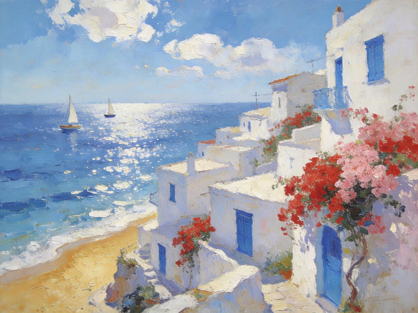 Original Oil Paintings, Santorini's Seaside Symphony, Seashore Paintings, Summer Resort, Hand Painted Canvas Art, Small Canvas Paintings, Landscape Wall Art Paintings, Landscape Paintings for Living Room-LargePaintingArt.com