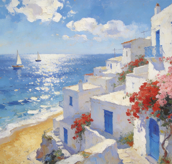 Original Oil Paintings, Santorini's Seaside Symphony, Seashore Paintings, Summer Resort, Hand Painted Canvas Art, Small Canvas Paintings, Landscape Wall Art Paintings, Landscape Paintings for Living Room-LargePaintingArt.com
