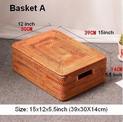Rectangular Storage Basket with Lid, Rattan Storage Baskets for Shelves, Kitchen Storage Baskets, Storage Baskets for Clothes, Laundry Woven Baskets-LargePaintingArt.com