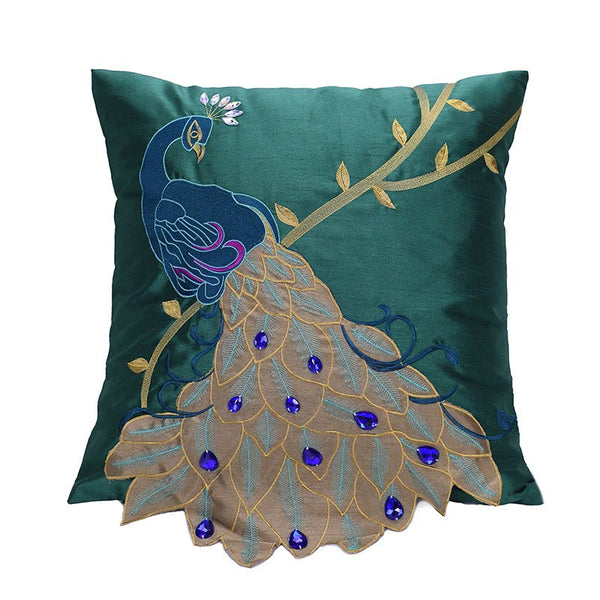 Decorative Sofa Pillows, Decorative Pillows for Couch, Beautiful Decorative Throw Pillows, Green Embroider Peacock Cotton and linen Pillow Cover-LargePaintingArt.com