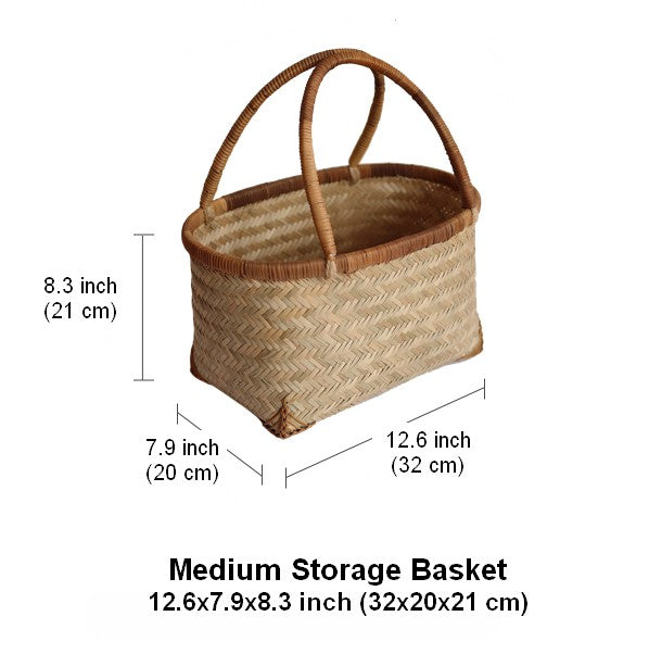 Storage Basket with Handle, Large Kitchen Storage Baskets, Natural Hand-woven Bamboo Storage Basket, Lovely Bamboo Weaving Baskets for Vegetable, Picnic Fruit Storage Baskets-LargePaintingArt.com