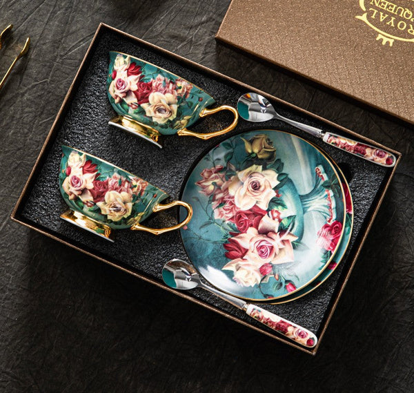 Large Rose Royal Ceramic Cups, Afternoon Porcelain Tea Cup Saucer Set, 6.8 oz Tea Cup and Saucer in Gift Box, Elegant Flower Ceramic Coffee Cups-LargePaintingArt.com
