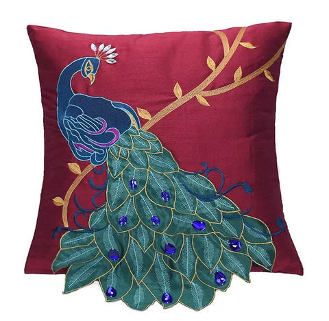Embroider Peacock Cotton and linen Pillow Cover, Beautiful Decorative Throw Pillows, Decorative Sofa Pillows, Decorative Pillows for Couch-LargePaintingArt.com