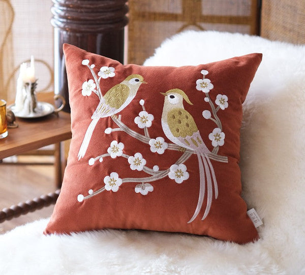 Modern Throw Pillows for Bedroom, Decorative Pillows for Couch, Vintage Decorative Pillows, Embroidered Birds Cushion, Decorative Pillow Arrangement Ideas for Couch-LargePaintingArt.com