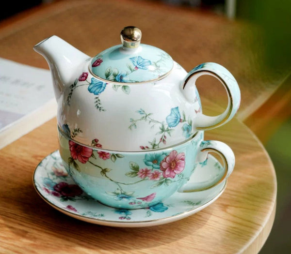 Porcelain Teapot with Matching Cup and Saucer in Gift Box, Stackable Teapot and Cup Set, Ceramic Tea Pot with Integrated Cup, Mother and Baby Teapot with Matching Saucer-LargePaintingArt.com