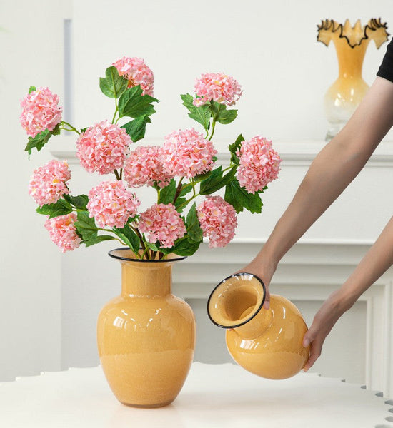 Contemporary Vases for Modern Home Decor, Handmade Liuli Vases, Color Glaze Vase, Yellow Glass Bud Vases, Centerpiece Vases on Table-LargePaintingArt.com
