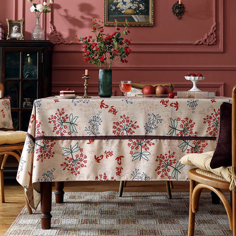 Rustic Flower Pattern Linen Farmhouse Table Cloth, Large Modern Rectangle Tablecloth Ideas for Dining Table, Square Linen Tablecloth for Round Dining Room Table-LargePaintingArt.com