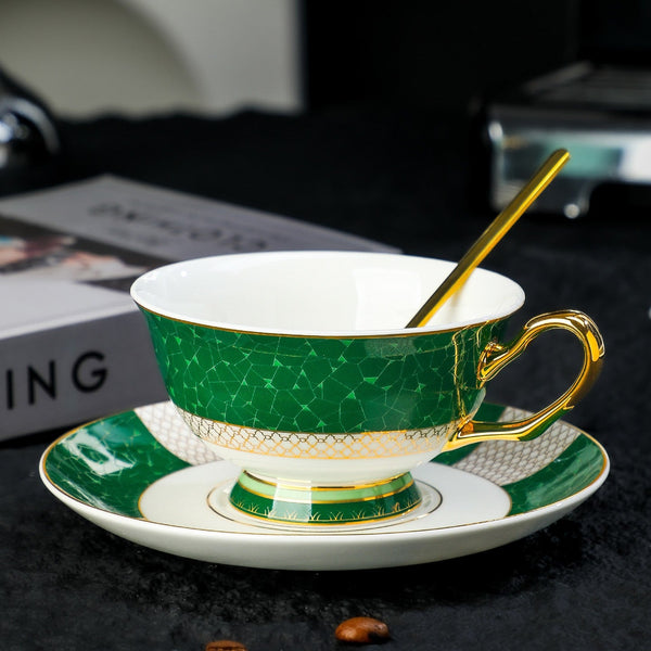 British Ceramic Tea Cup and Saucer Set, Elegant Green Coffee Cups, British Royal Tea Cup and Saucer Set in Gift Box, Porcelain Tea Cup and Saucer Set-LargePaintingArt.com