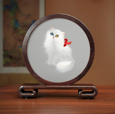 Exclusive Business Present, Lovely Kitty Cat Embroidered Decor, Premium Souvenir, Unique Birthday Gift, Traditional Chinese Suzhou Kitten Embroidery Ornament-LargePaintingArt.com