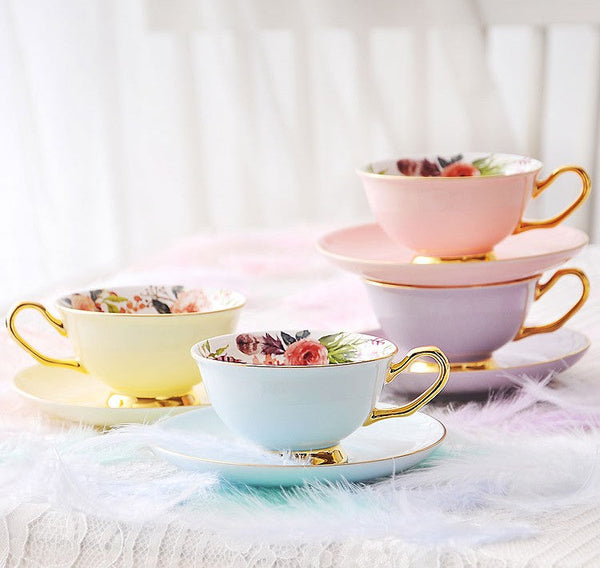 Royal Bone China Porcelain Tea Cup Set, Elegant Flower Pattern Ceramic Coffee Cups, Beautiful British Tea Cups, Unique Afternoon Tea Cups and Saucers in Gift Box-LargePaintingArt.com