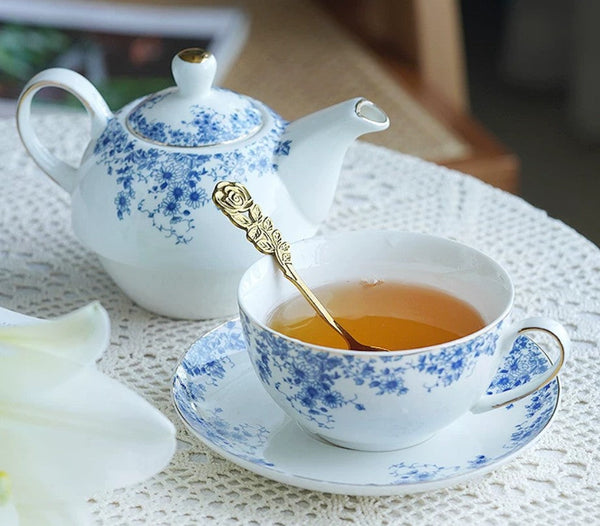 British Style Porcelain Teapot with Matching Cup and Saucer in Gift Box, Ceramic Tea Pot with Integrated Cup, Stackable Teapot and Cup Set, Mother-and-Baby Teapot with Matching Saucer-LargePaintingArt.com