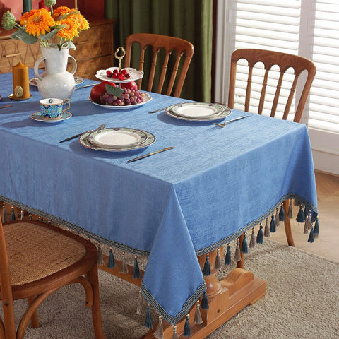 Modern Rectangle Tablecloth, Large Simple Table Cover for Dining Room Table, Square Tablecloth for Round Table, Blue Fringes Tablecloth for Home Decoration-LargePaintingArt.com